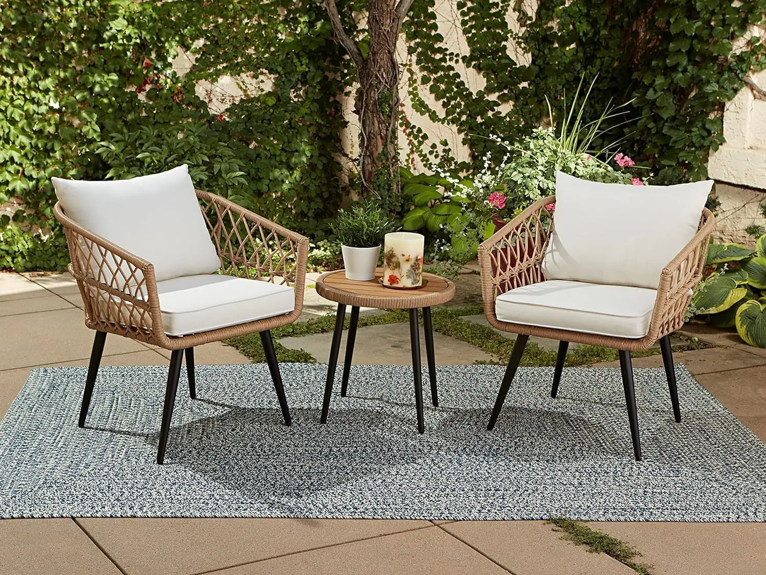 

Quality Outdoor Living 65-YZ03HM Hermosa 3 Piece Chat Set, Aluminum Frame + Tan Wicker + Linen Cushions