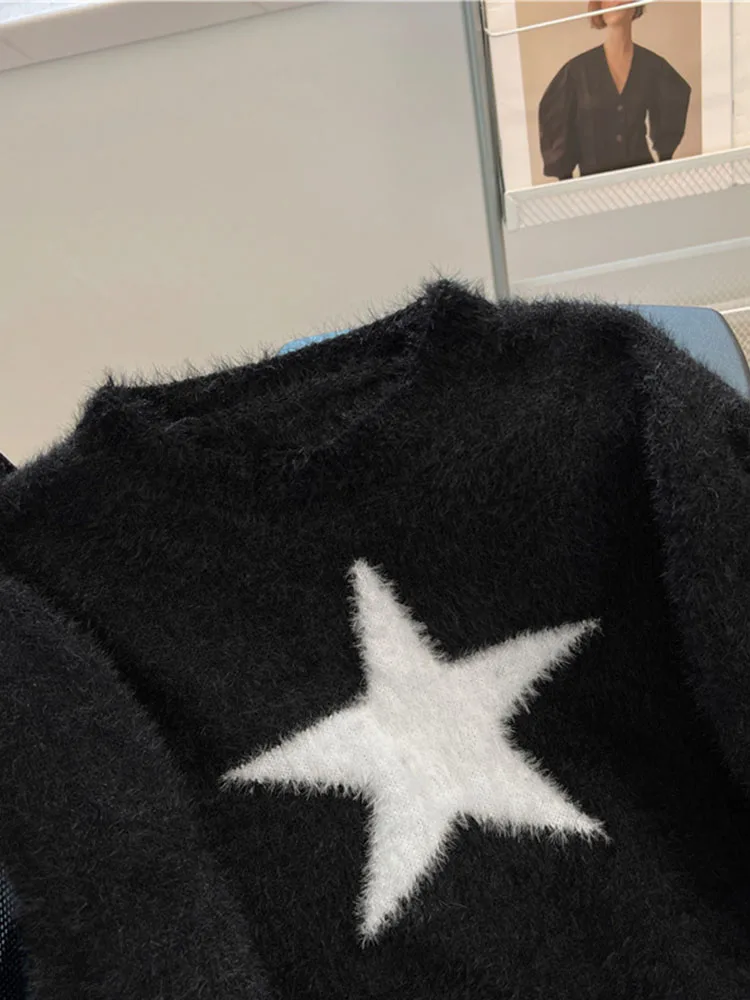 Korean Fashion Simple Black Knitted Pullovers Casual O-Neck Jumper Classical Star Print Sweater Gothic Autumn Winter High Street