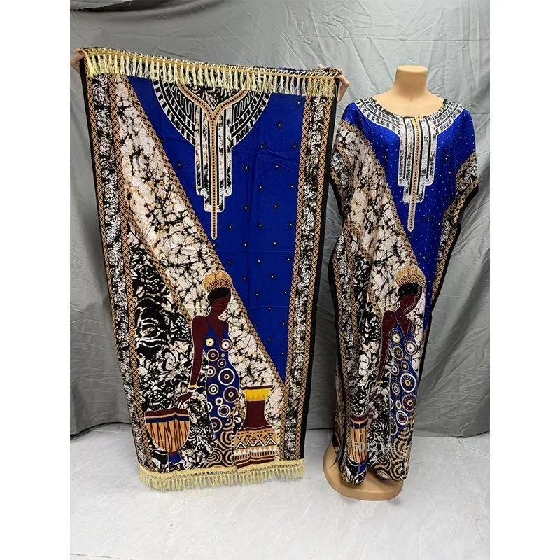 

Plus Size African Women Clothing Rayon Kaftan Dress Casual Off Shoulder Robe with Rhinestone Fringe Long Sleeve Outfit