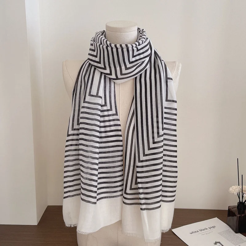 

Korean-style striped classic thin shawl, cotton-linen scarf, long beach towel, silk scarf women in summer