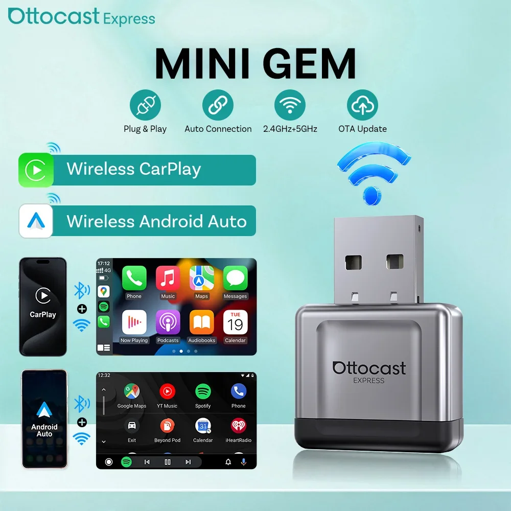 OTTOCAST Ultra Mini Gem 2 in 1 Wireless CarPlay Android Auto Adapter USB Dongle Plug Play Fast Connect for Benz Audi Toyota VW
