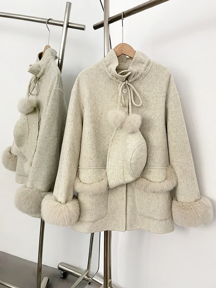 신상 여성 루즈핏 리얼 폭스 퍼 100% 울 코트 모자 포함 천연 모피 캐시미어 울 재킷 여성 가을 겨울 상의