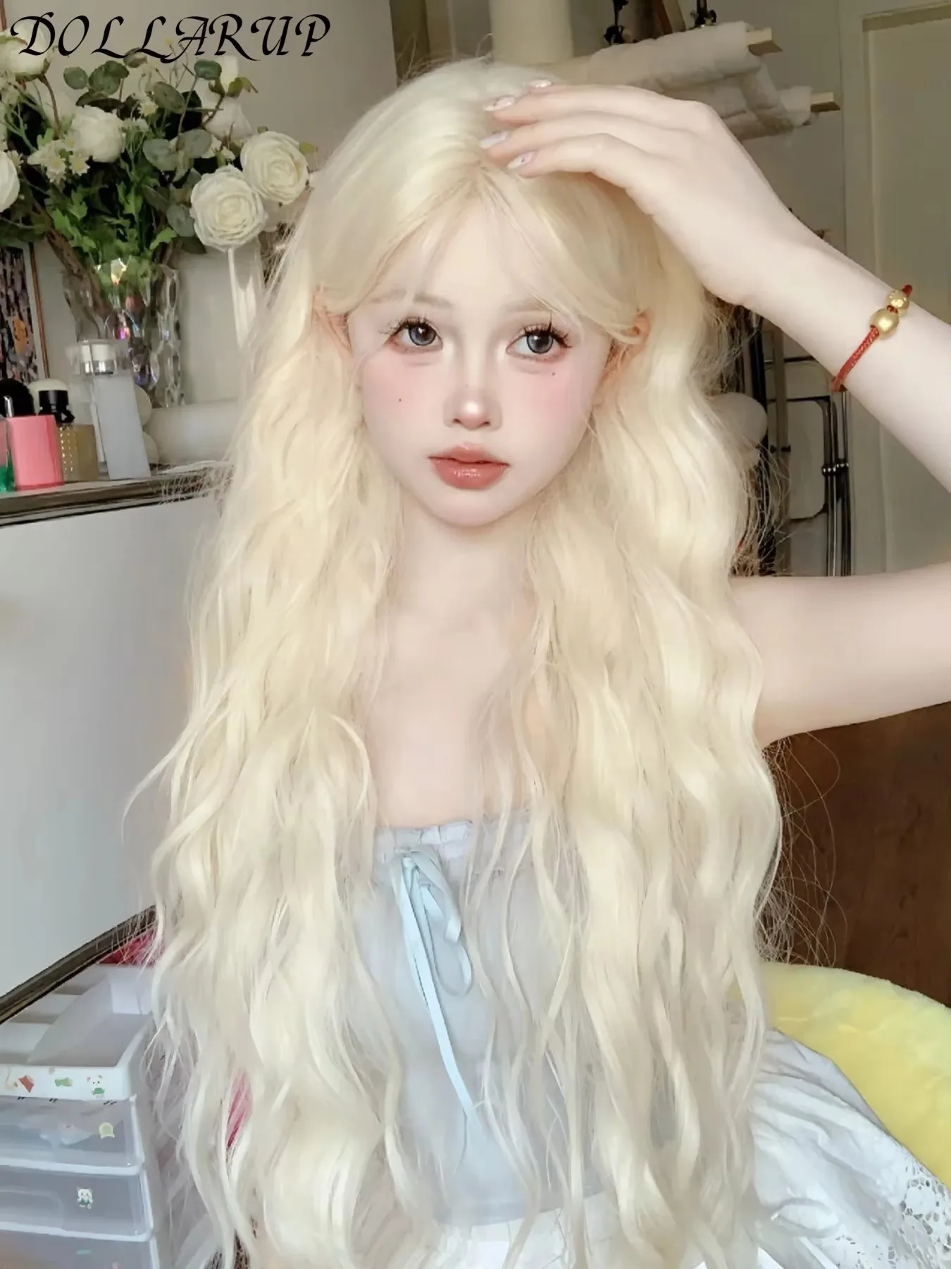 JKL شقراء طويلة مجعد الشعر بيروكات صناعية مع الانفجارات بلاتيوم الذهبي لوليتا تأثيري الباروكات للنساء اليومية حفلة تأثيري #3