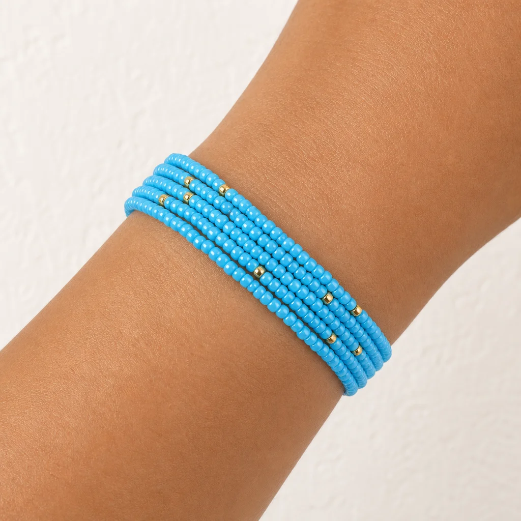 1pc Women's Bohemian Blue Round Glass Bead Multi Strand Wrap Bracelet with Adjustable Lace-Up Closure Beach Style