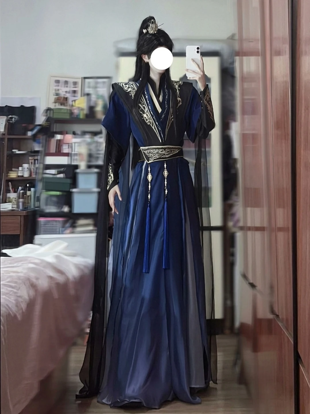 Elegant Youthful Blue Black Heavy Work Collar Hanfu Set Cosplay Costume for Men And Women Traditional Chinese Ancient Style