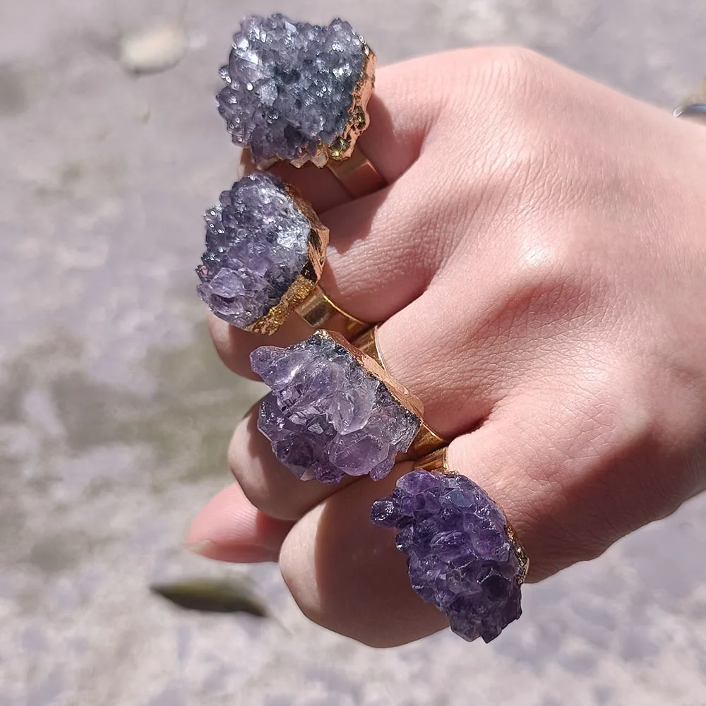 Amethyst rough stone ring, Galaxy agate crystal cluster ore irregular ring, Amazon, cross-border.