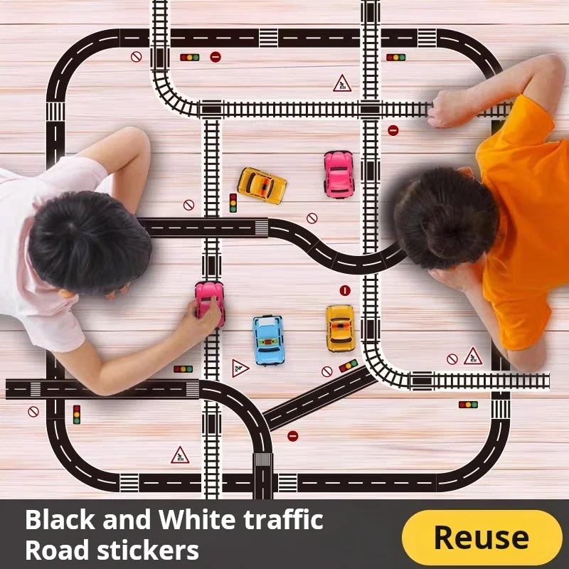 ملصقات مسار الطريق الكرتونية القابلة لإعادة الاستخدام، شريط طريق أسود لديكور سباق الحفلات، لمسة نهائية لامعة ملصقة مسبقًا ذات طابع تلقائي