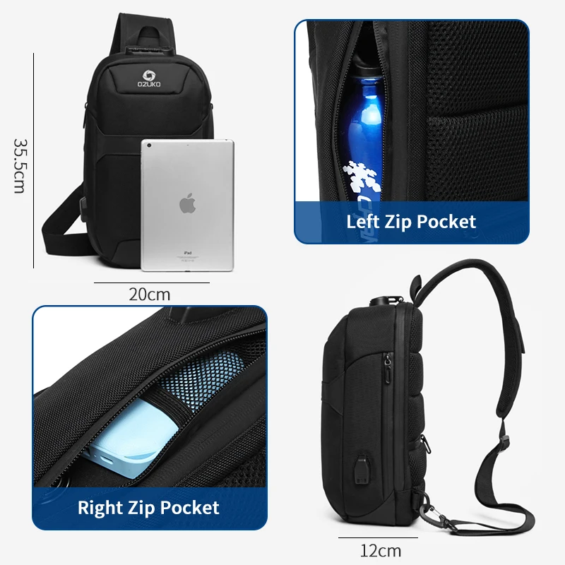 OZUKO  Anti-theft Crossbody Bags Male Waterproof USB Charging Chest Pack Short Trip Messenger Sling Bag Shoulder Chest Bag