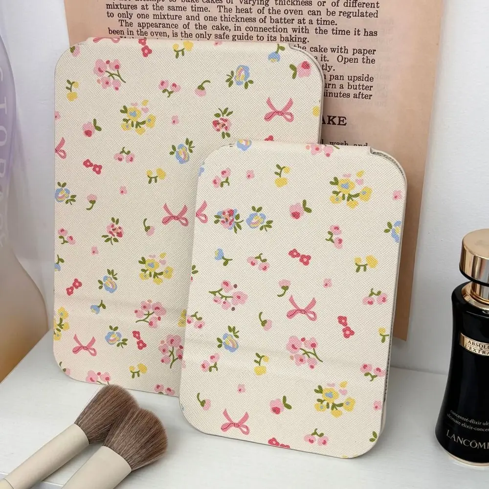 Pu レザーデスクトップスタンドミラーコンパクト化粧鏡ピンクの弓バニティミラー折りたたみ持ち運びが簡単折りたたみ化粧鏡