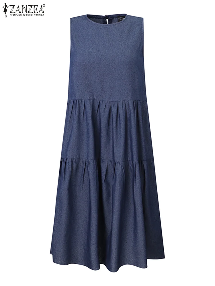 Zanzea-Vestido feminino sem mangas jeans longo azul, gola O, Vintage, Casual, em camadas, Solto, Monocromático, Moda natalícia, Verão