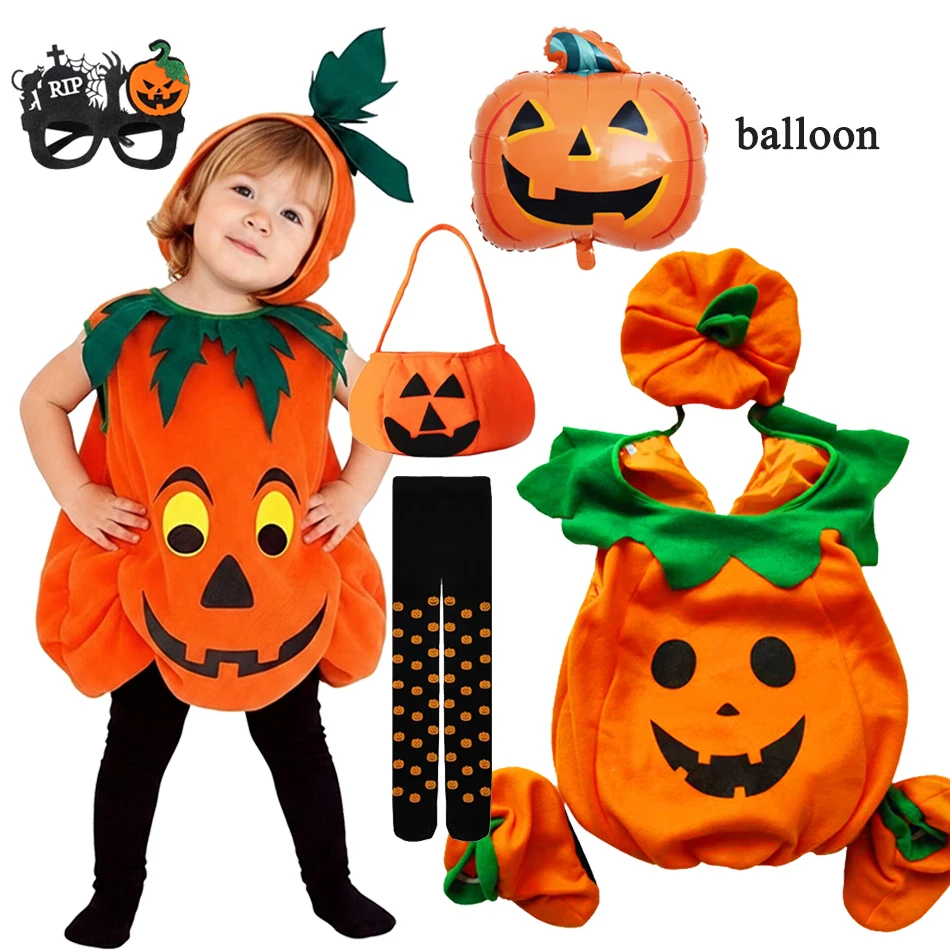 Girls Boys Pumpkin Costume With Hat Kids Halloween Cosplay Costume Children Cosplay Stage Performance Party Clothing