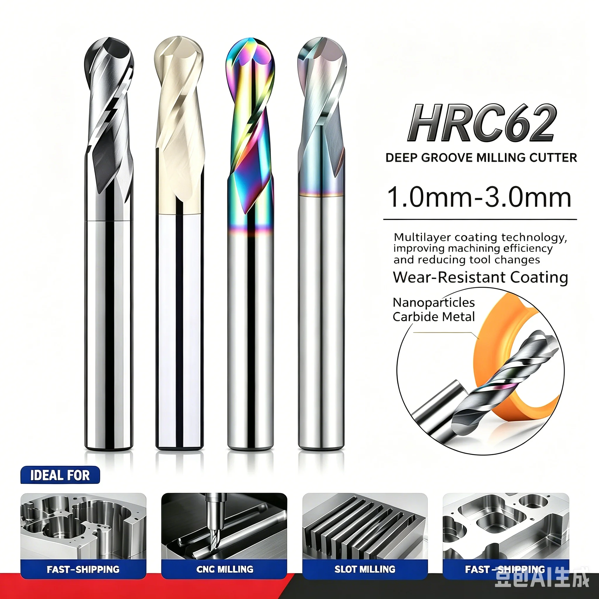 HRC62 Ball Nose End Mill CNC Machining Cutter Solid Carbide Radius Tool DLC Coated for Alloy Aluminum Copper Stainless Steel