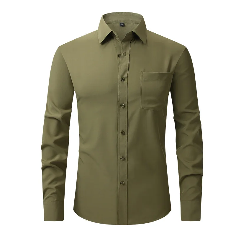 Solid Color Men\'s Long-sleeved Shirt, Single-breasted Square Collar Small Elastic Shirts, Suitable for Wedding/Business/Office