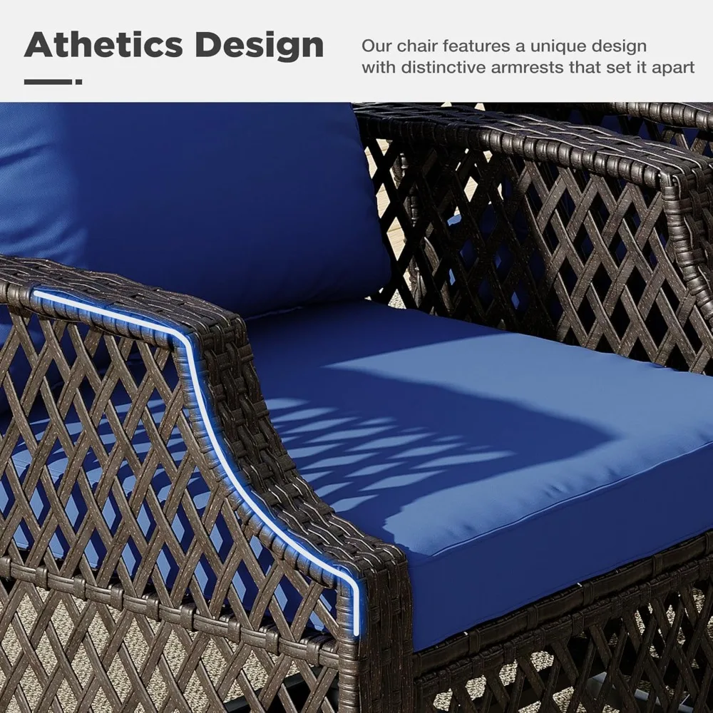 Set Kursi Putar Luar Ruangan 3 Buah, Set Bistro Teras Anyaman dengan Bantal 25D Tebal dan Meja Kopi Kaca, Furnitur Teras C