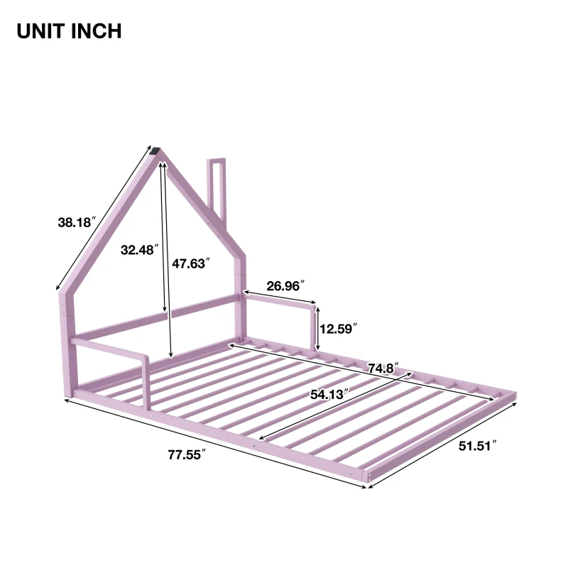 Cama do assoalho do metal com cabeceira House-Shaped, branco, tamanho completo