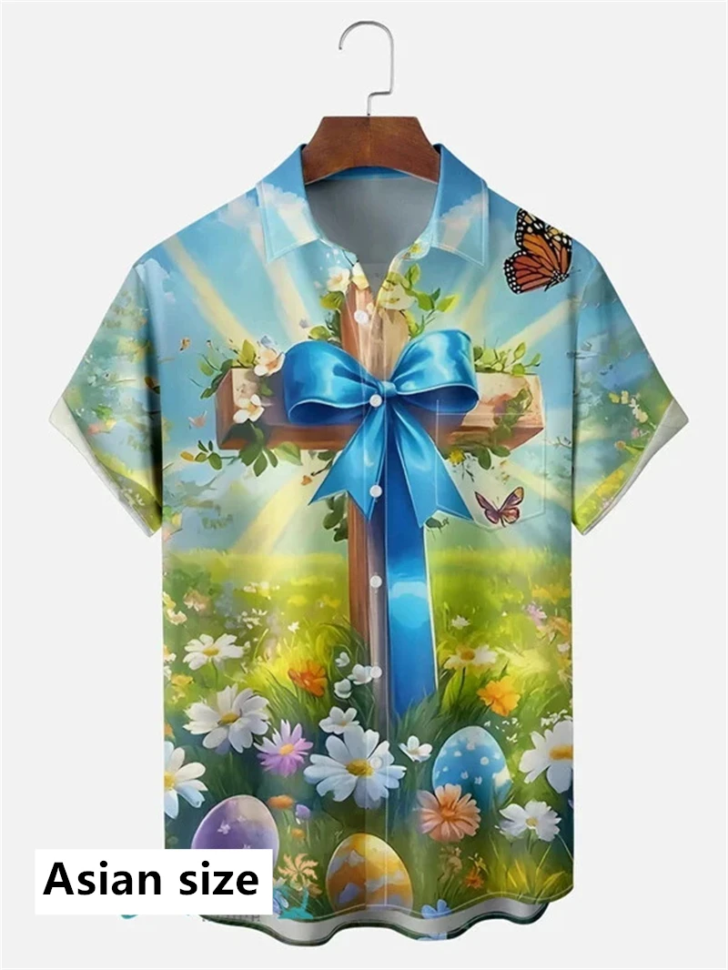 Happy Easter Kawaii Cartoon Rabbit Hawaiian Shirts Men Women 3D Printed Beach Shirt Women Funny Colored Egg Shirt Button Tops