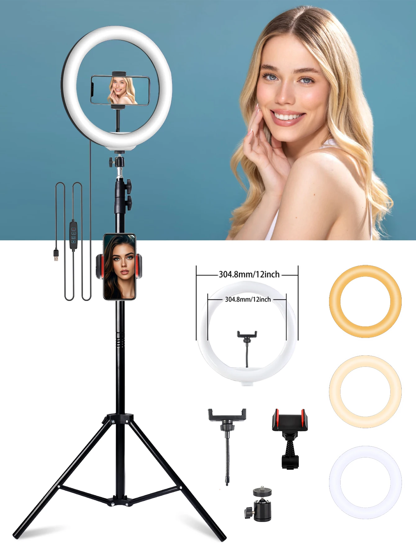 

10 Inch 3-Color LED Ring Fill Light, Portable Lighting with Sectional 160cm Tripod for Selfies, Video Recording, Live Streaming