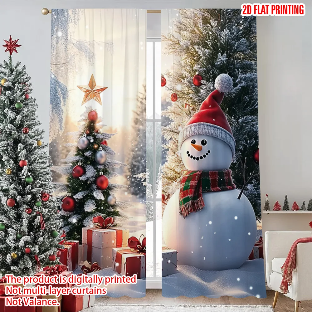 2pcs 2D flat printing Christmas Window Curtains Charming snowman with Christmas tree Versatile 100% Polyester Without