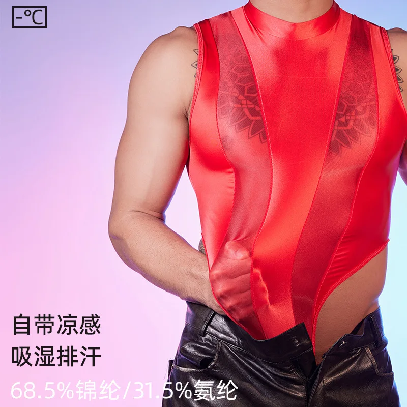 Glossy See Through Sexy Mens Bodysuit Undershirts One-piece Jumpsuit Romper Fitness Leotard Male Underwears