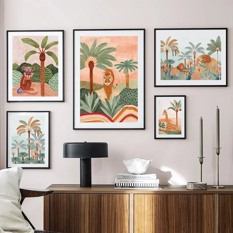 Boho Jungle Animals Tiger Monkey Giraffe Coconut Tree Canvas  Poster Nursery Wall Art Print Picture Baby Kids Room Decor