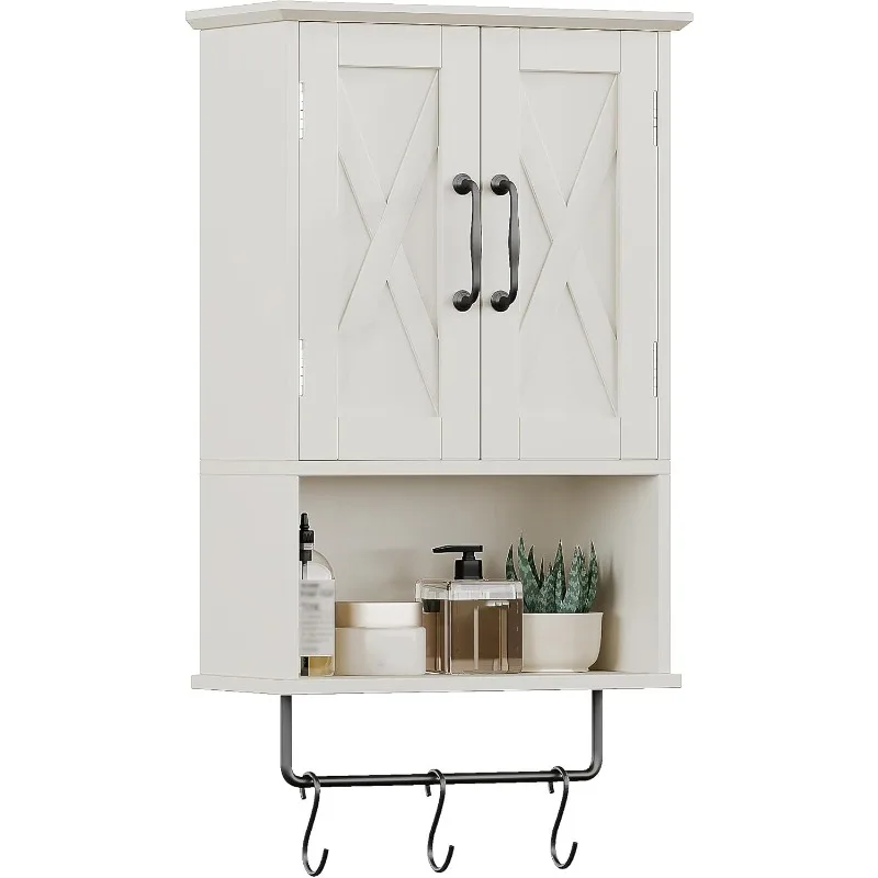 

Farmhouse Medicine Cabinet, Bathroom Wall Cabinet with Adjustable Shelf, Towel Bar, 3 Hooks, Over The Toilet Storage Cabinet