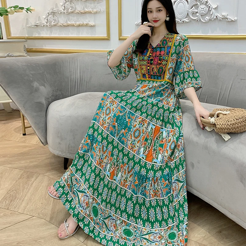 Abito lungo da spiaggia estivo Boho Abito da donna maxi abito da vacanza in cotone stampato stile etnico allentato casual