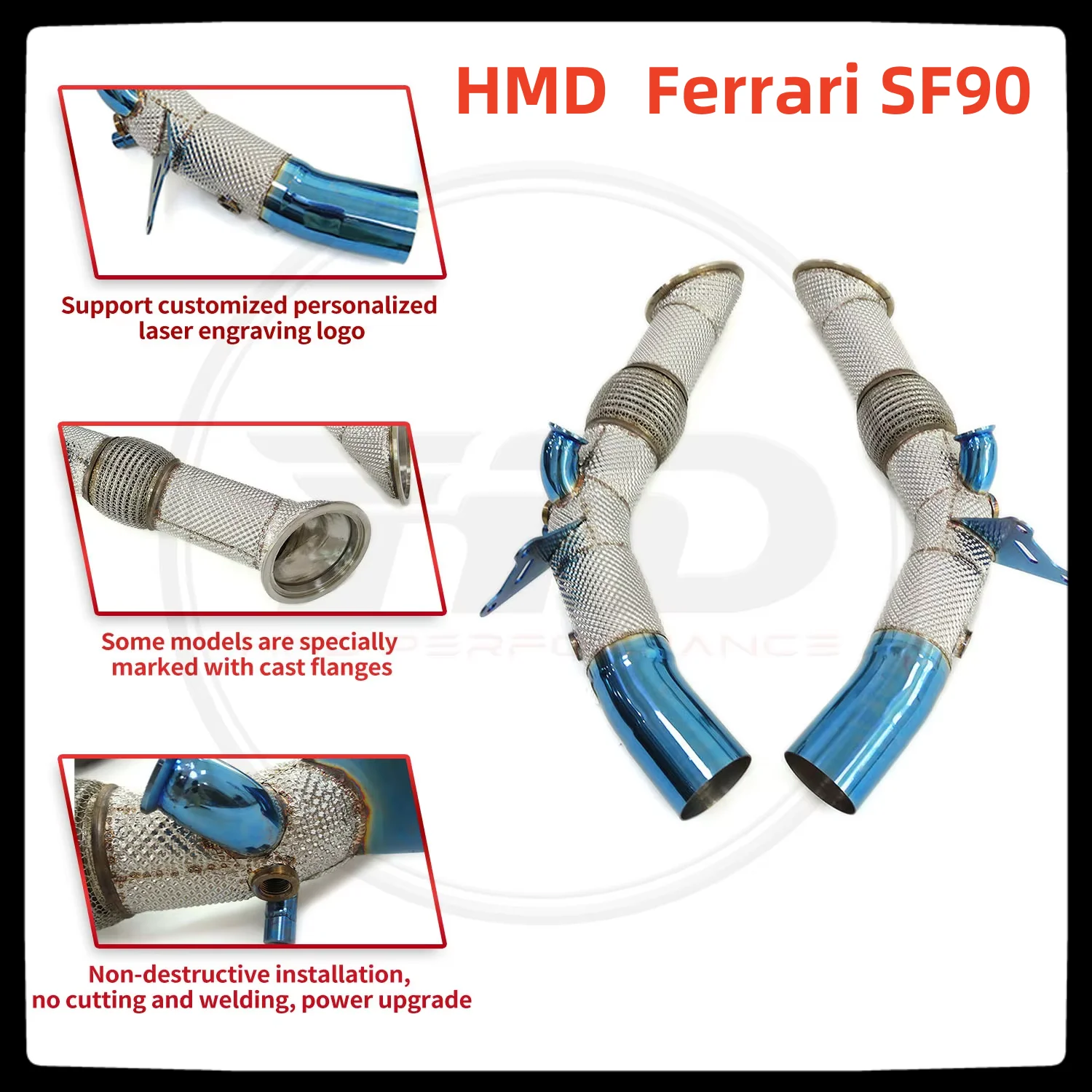 HMD Hot sale items Blue Exhaust System Stainless Steel Performance Downpipe for Ferrari SF90 2019+ with Heat Shield