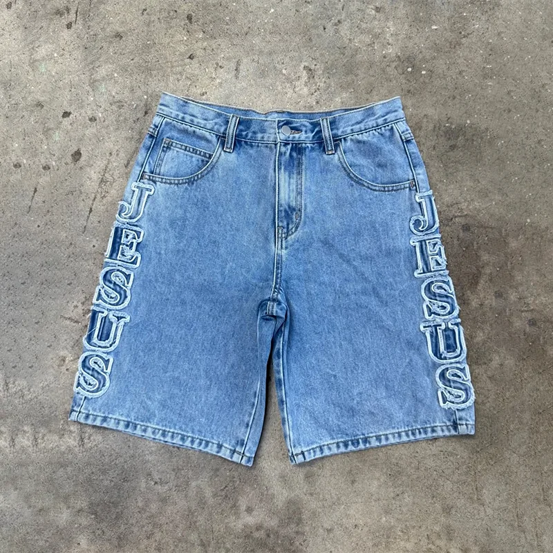 

Y2K Fashion Vintage Jeans Cross Embroidery Light Blue High Waist Distressed Denim Shorts Trend Men Women Casual Loose Streetwear