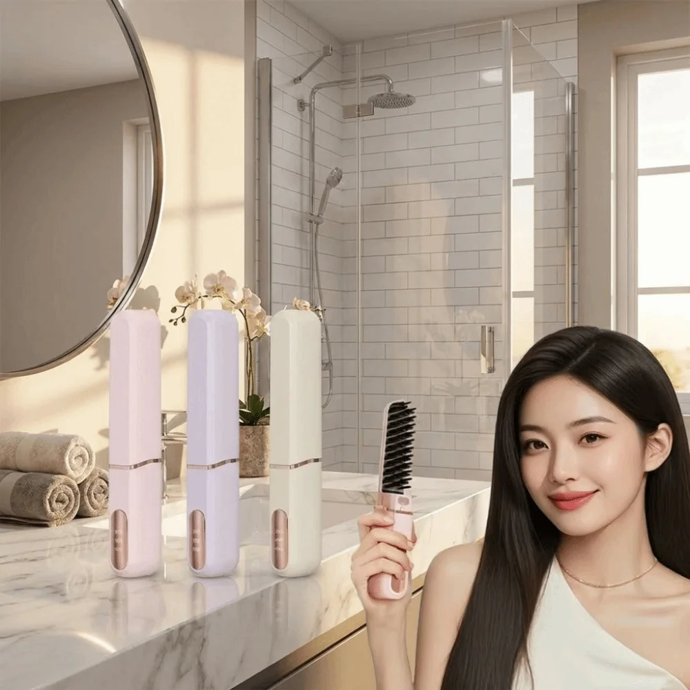 Wireless Hair Straightening Comb Rechargeable Type-C Electric Hair Straightener LCD Display 3 Speed Temperature