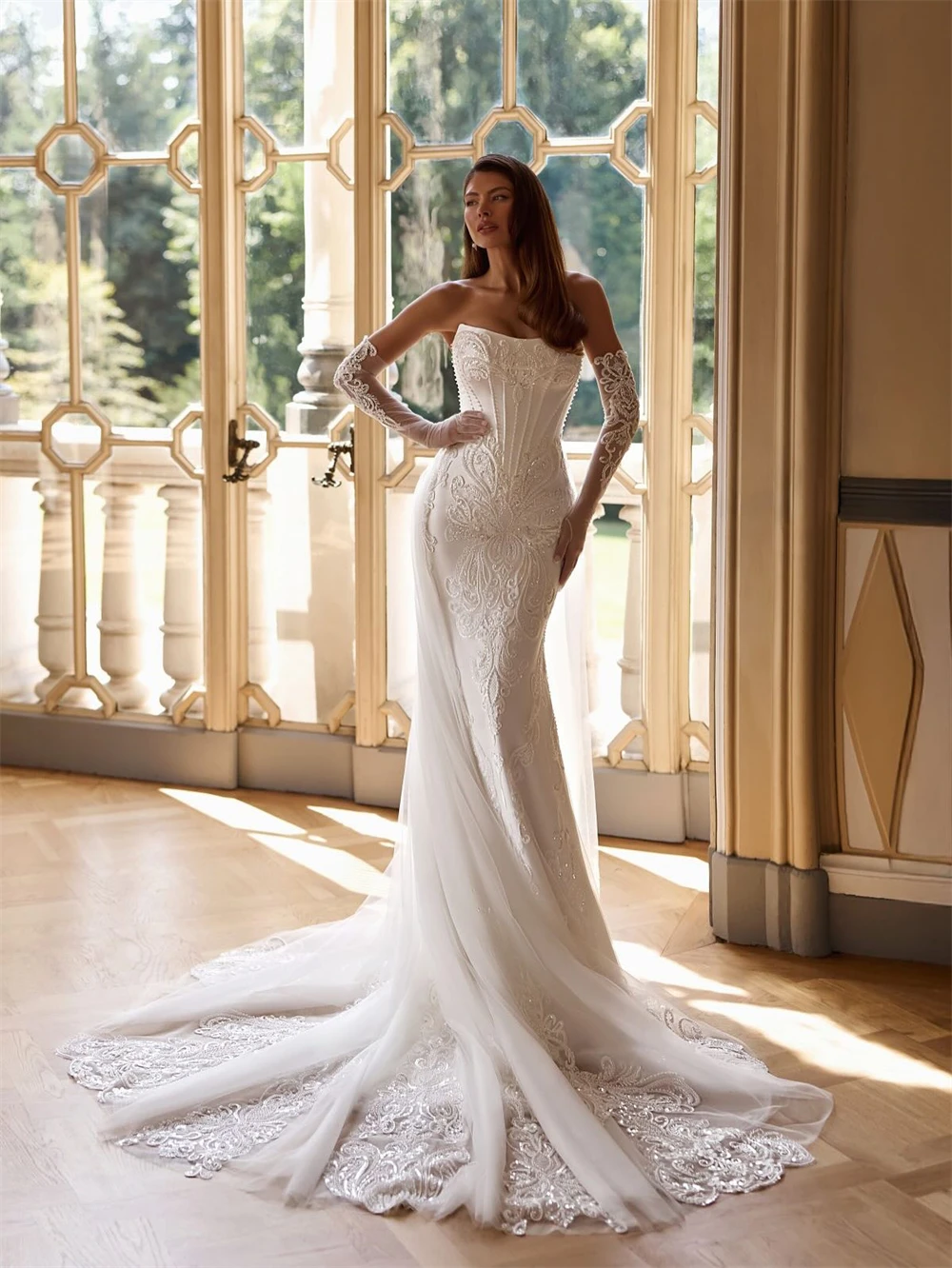 

Customized Elegant White Satin Wedding Dress Formal Strapless Sleeveless Bridal Gowns Soft Mermaid Court Train Vestido De Novia