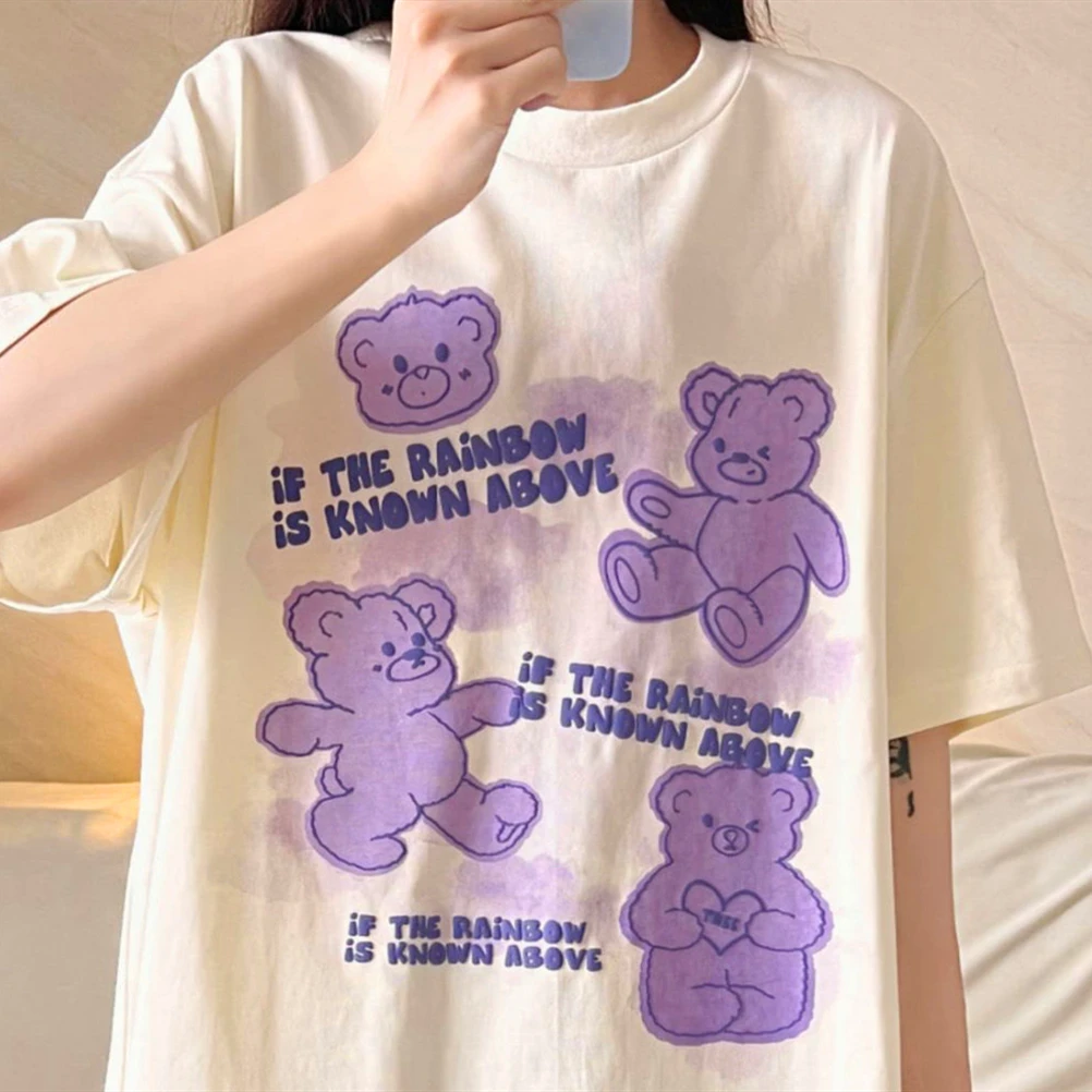 Lovely Fairy Bear Cute Graphic T Shirts Kawaii Clothes for Teens Light Green Apricot Cotton Tee Tops Oversized Summer Large 2XL