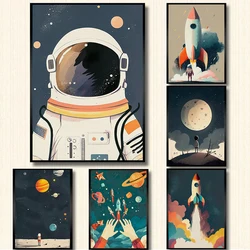 Colorful Space Adventure Cartoon Poster Astronaut and Rocket Illustration Canvas Painting Prints Nursery Wall Art Kid Room Decor