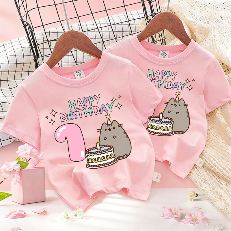 

Cute Pusheens Pink T-shirt Girl Child's Birthday Number 1-9 Years Old Anime Print Kids Cotton Streetwear Tees Kawai Clothes Tops