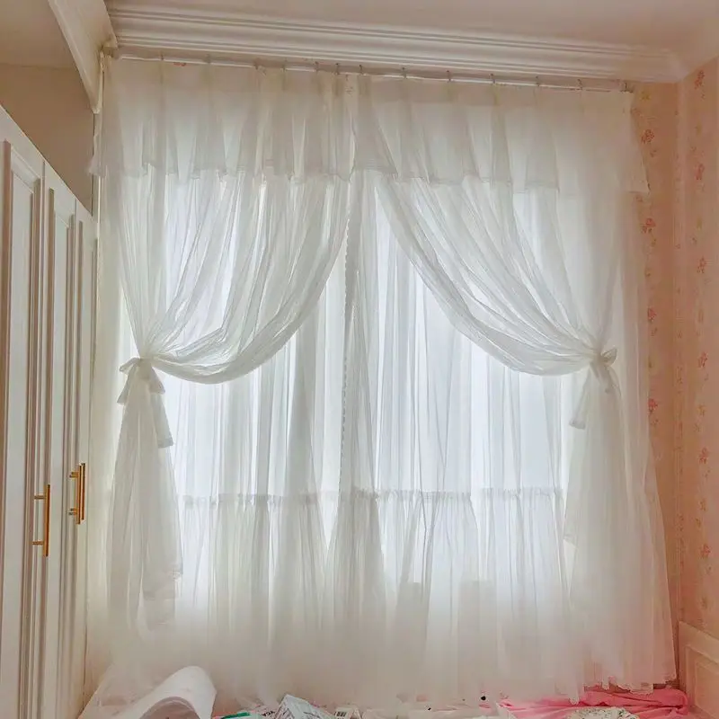 Pink Princess Korean Style Double Layer Curtain - Sheer Lace And Cloth Drapes for Girls Bedroom And Living Room