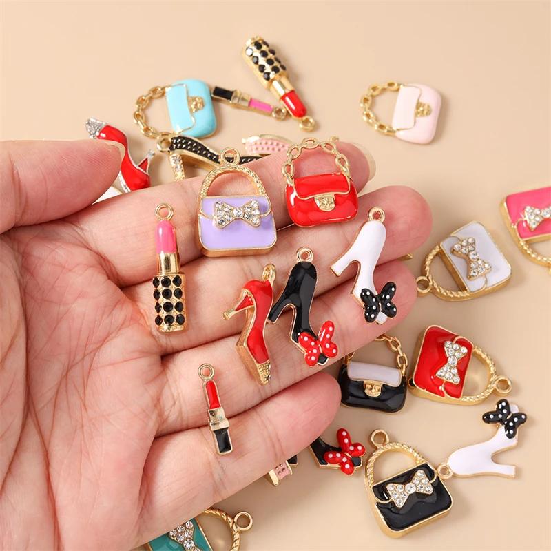 10pcs Cute Mix Enamel Lipstick Bag High Heels Charms Pendants for Jewelry Making Drop Earrings Necklaces DIY Crafts Accessories