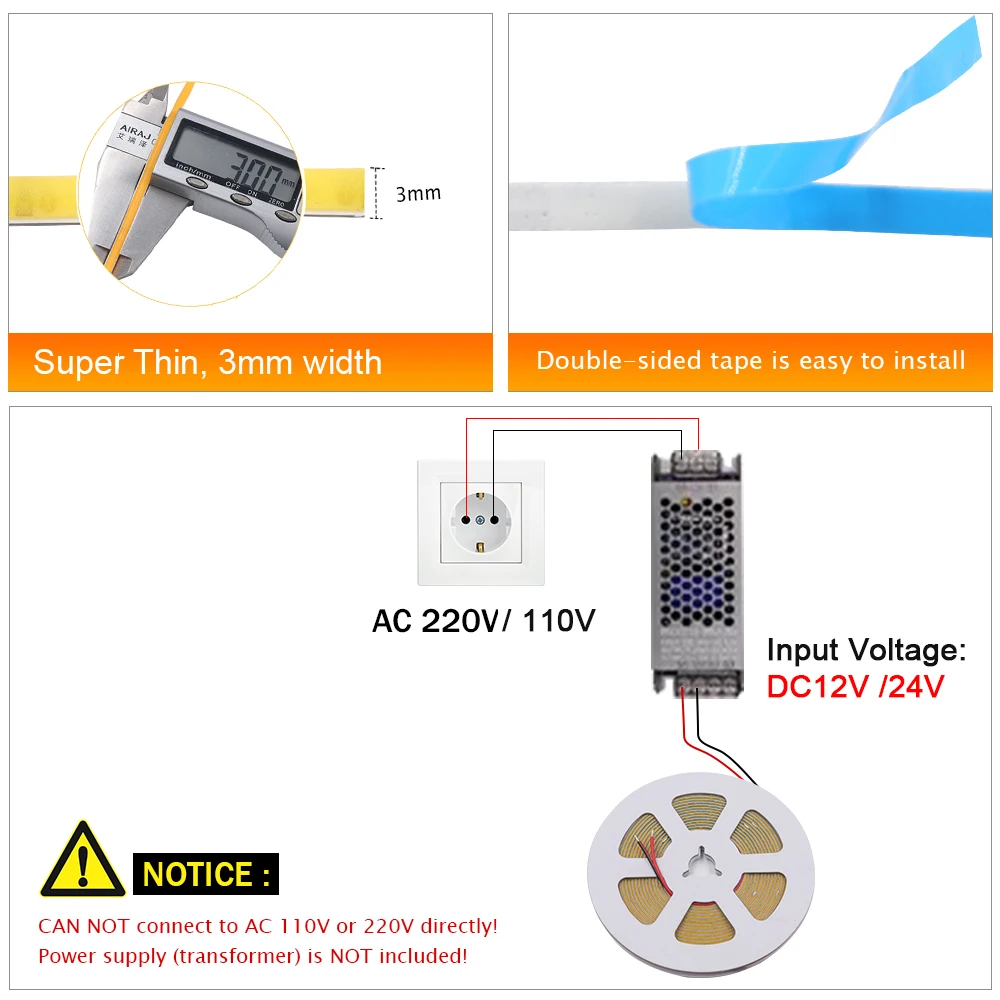 12V 24V 3mm 5mm PCB COB LED 스트립, 초박형 조명, 매우 밝은 384LED/m CRI90, 유연한 LED 테이프, 캐비닛 홈 라이너 조명용