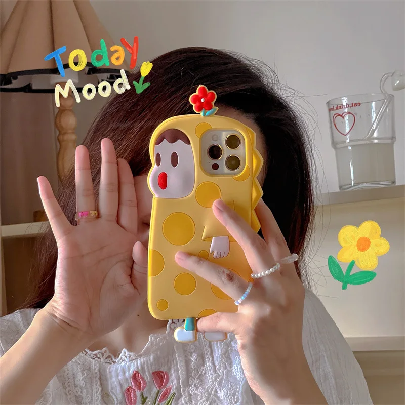 Cute Cartoon Animal Dinosaur Couple Glass Phone Case For iPhone 14 11 12 13 Pro Max 12 13 Yellow Tempered Glass Reflective Funda