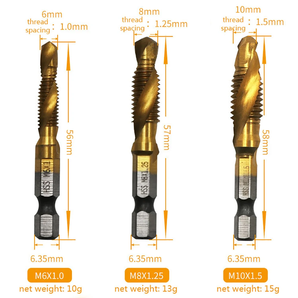 1 adet titanyum kaplama Hex Shank matkap uçları HSS vida konu metrik dokunun vida makinesi bileşik M3 M4 M5 M6 M8 M10 el aletleri