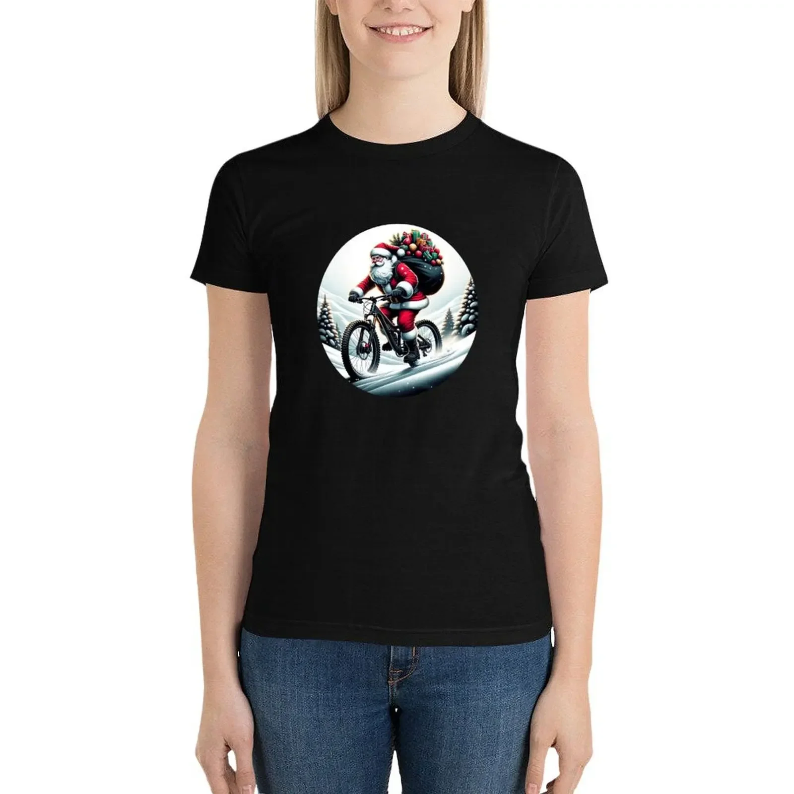 Santa Downhill: Mountainbike Abenteuer T-Shirt Anime Kleidung süße Tops einfache T-Shirts für Frauen