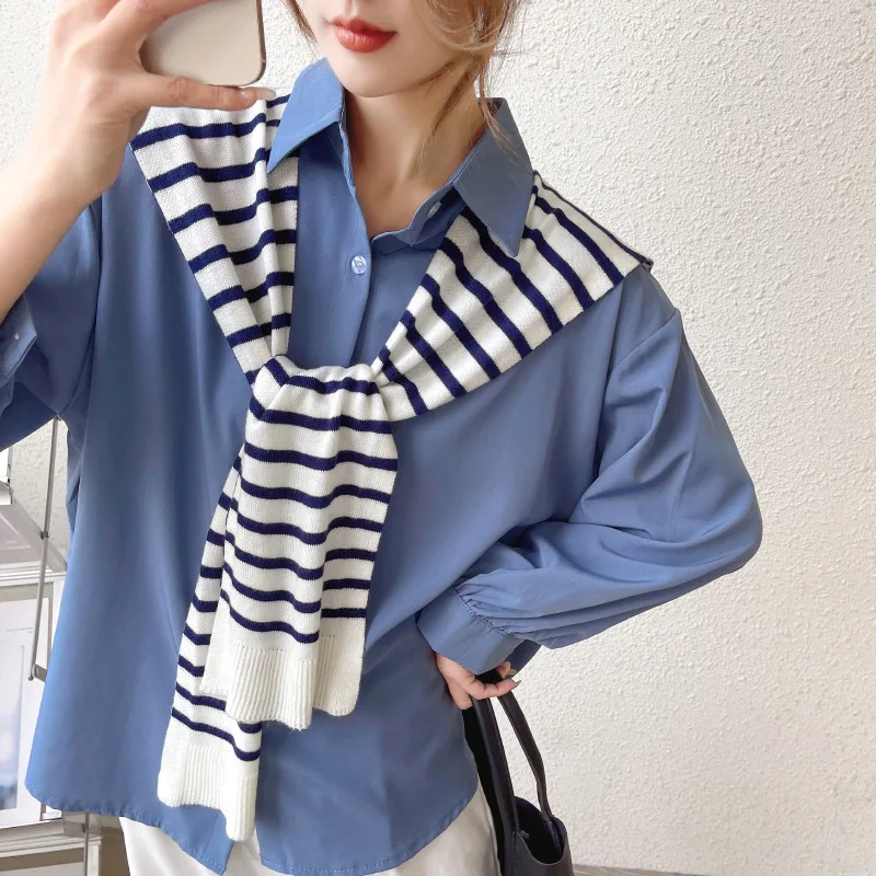 

Striped Knitted Small Shawl for Women – Winter Ladies' Fake Collar Cape Knotted Scarf, Neck Warmer, Striped Outerwear