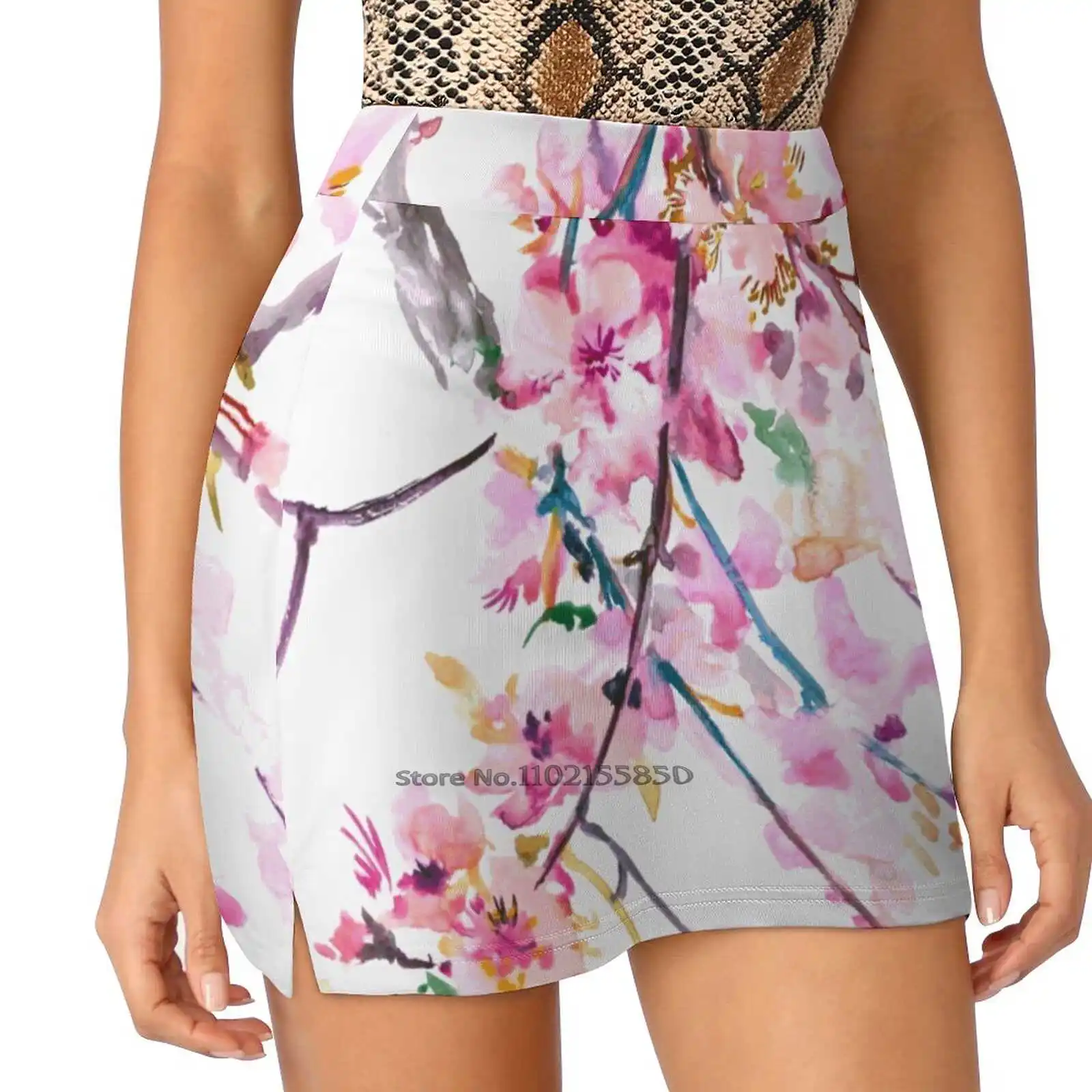 Cherry Blossom New Women Skirts Double-Layer Printed Short Dress Mini Sport Skirt Cherry Blossom Sakura Cherry Flowers Floral