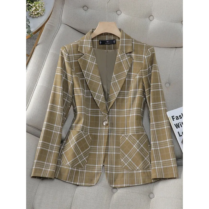 Blazer à carreaux à manches longues pour femmes, veste pour dames, vert café ingent, manteau formel avec poche, vêtements de travail d'affaires féminins, mode