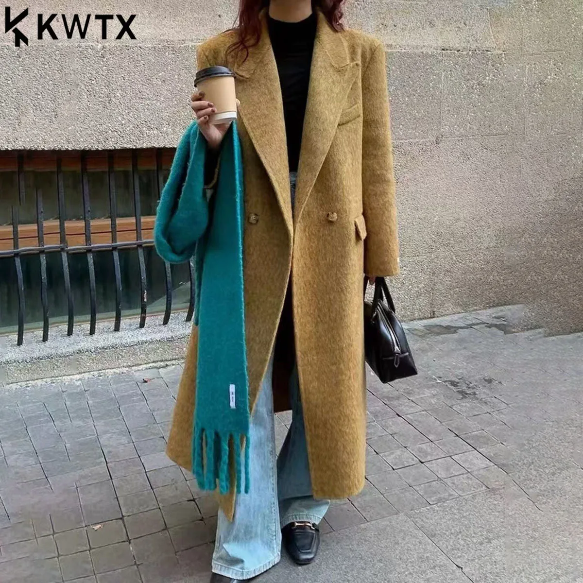 

KWTX женское длинное пальто из 100% шерсти, однотонное винтажное повседневное элегантное пальто с лацканами и двумя пуговицами, новинка премиум-класса 2025, зимнее шикарное минималистское пальто