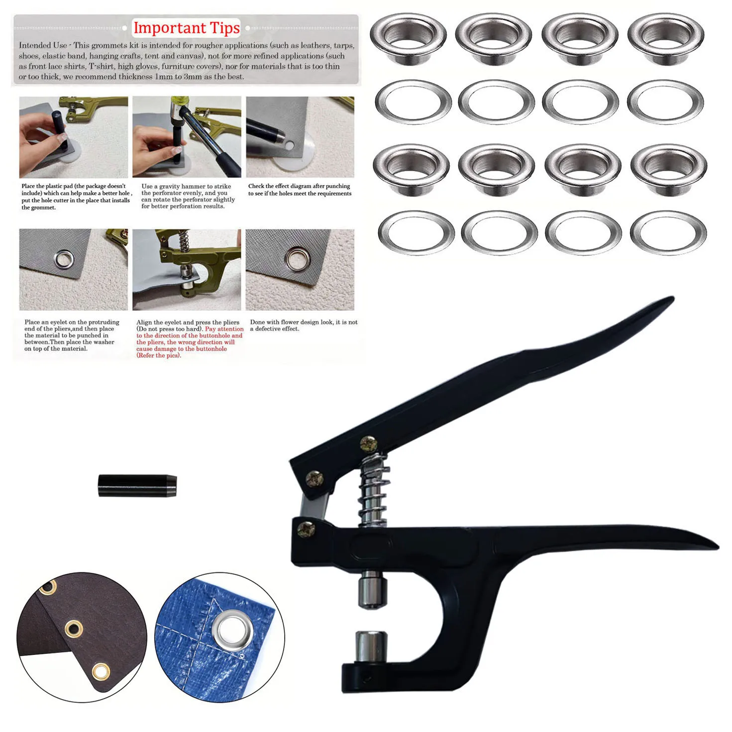 Multifunktionales Ösenwerkzeug-Set 4-12mm, 200 Stück Ösen Inklusive für Stoff/Leder/Leinwand DIY – Detail 1