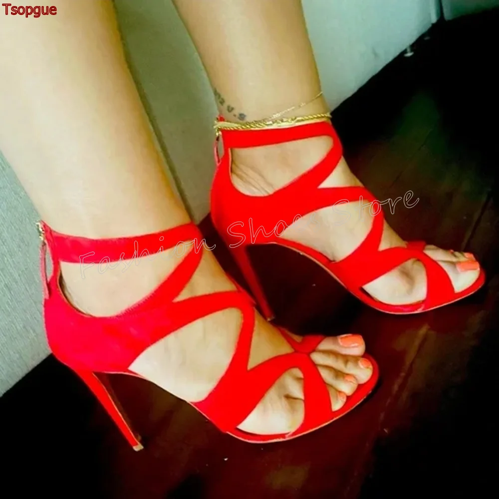 

Red Cut Out Back Zipper Sandals Open Toe Stilettos High Heels High Heel Shoes for Women Sexy Heels 2025 New Zapatos Para Mujere