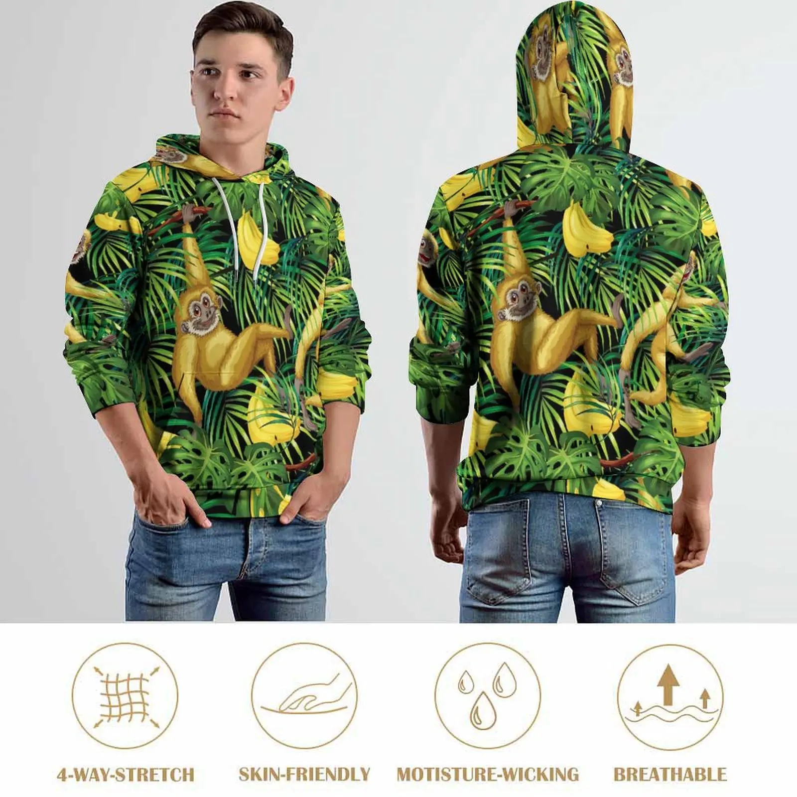 Monkey Print Loose Hoodies Tropical Banana Jungle Harajuku Pullover Hoodie Man Long Sleeve Oversized Casual Graphic Clothing