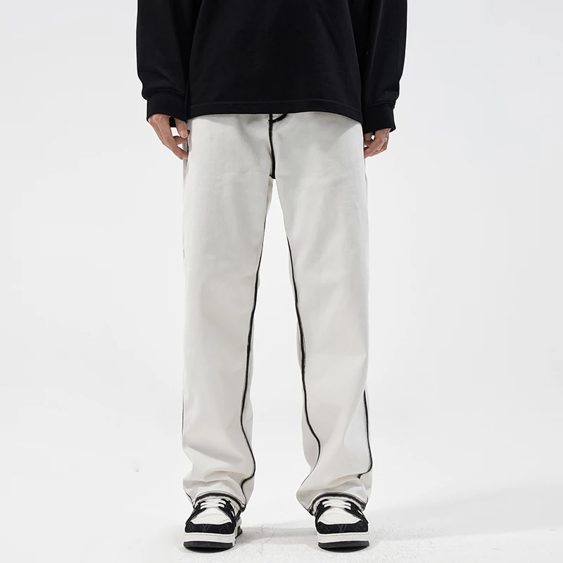 

8433 American striped jeans men's high-end cotton loose straight men's new spring and autumn white trousers