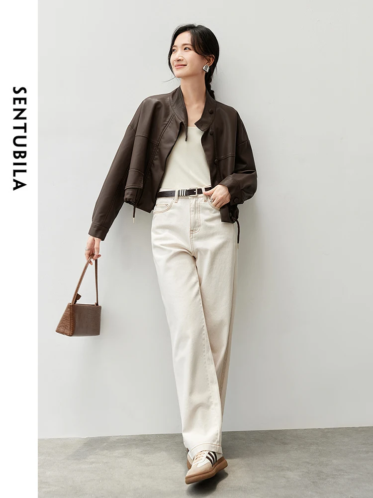 SENTUBILA Women Solid Pu Leather Jackets Autumn Retro Casual Draw Rope Cropped Motorbike Jackets Cool Windproof OutwearW43G56875