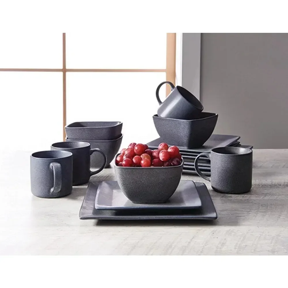 Tableware Set  Dark Gray Square Stoneware 16-Piece Dinnerware Set Cutlery Set