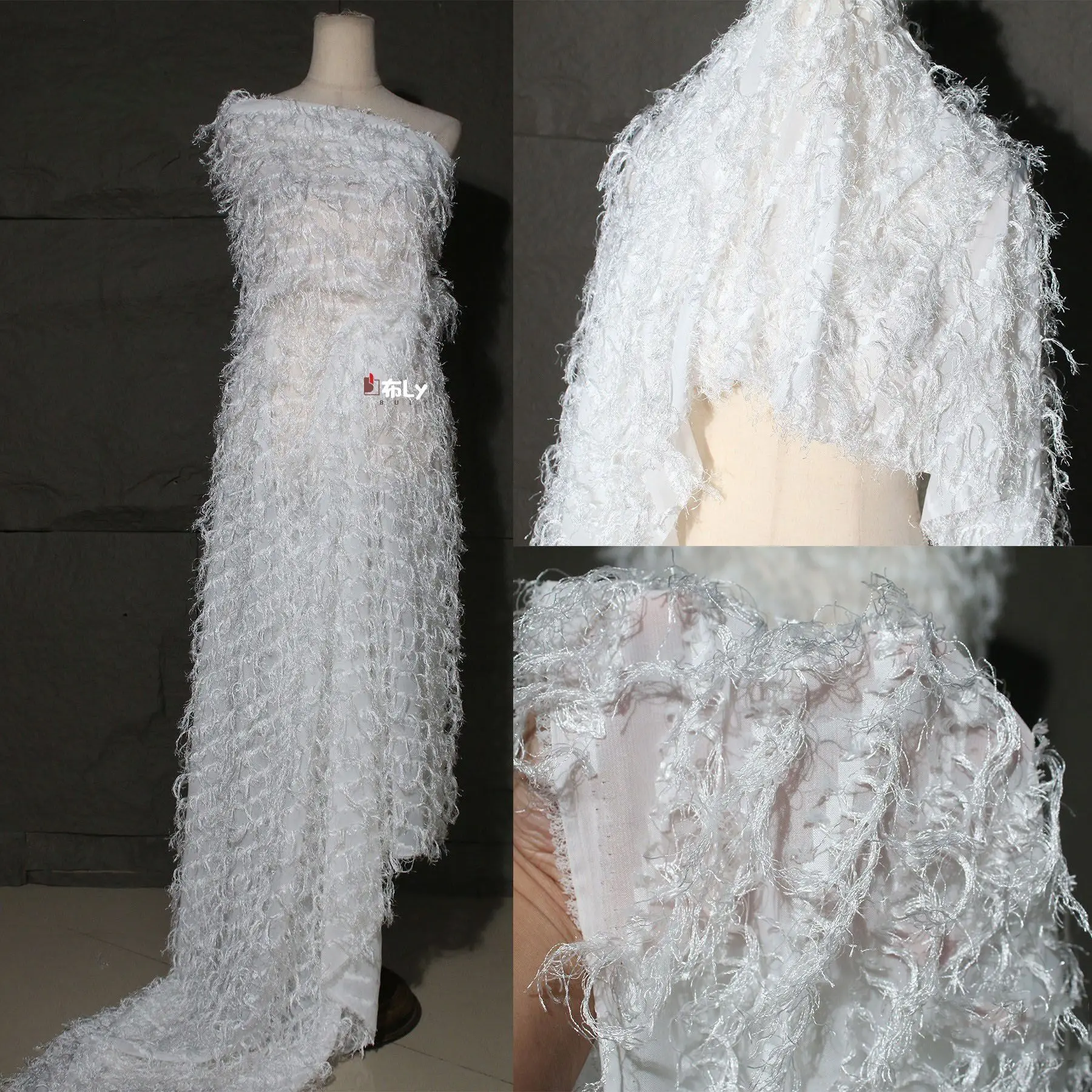 White Fringe Cutout Textured Jacquard Fabric for Designer Gown Dress Handmade DIY Creative Sewing Material
